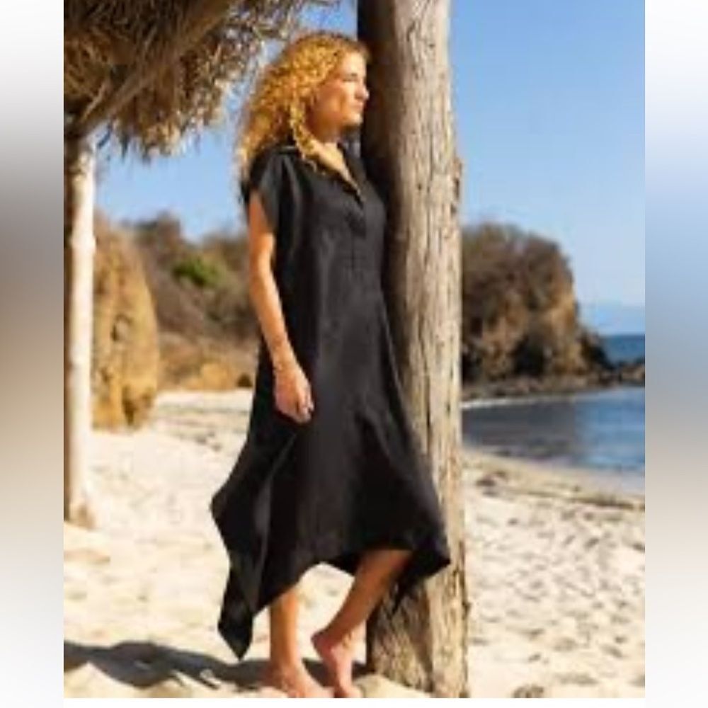 Maruca Novelo Asymmetrical  Hem Midi Linen Dress in Black S NWOT